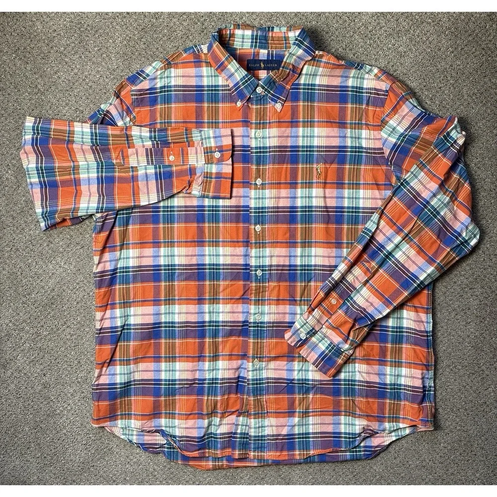 Polo Ralph Lauren Men's XXL 2XL Button Down Shirt Long Sleeve Plaid Orange Blue